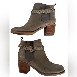 Sperry Leather Ankle Boots 8M Taupe Braided Strap Block Heel Chelsea Boho